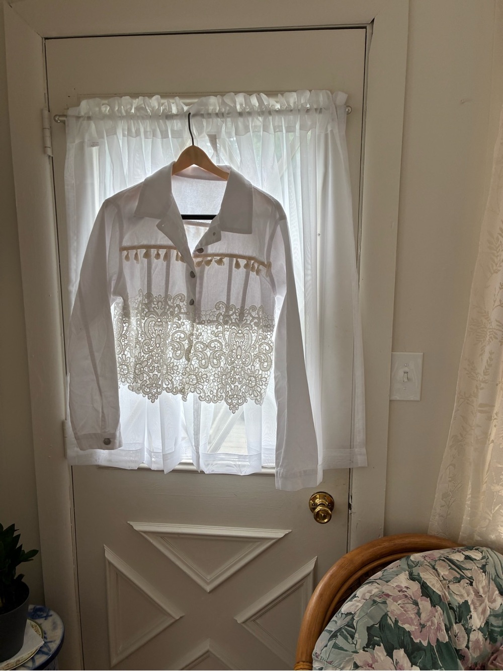 White Lace-Embellished Button-Front Jacket